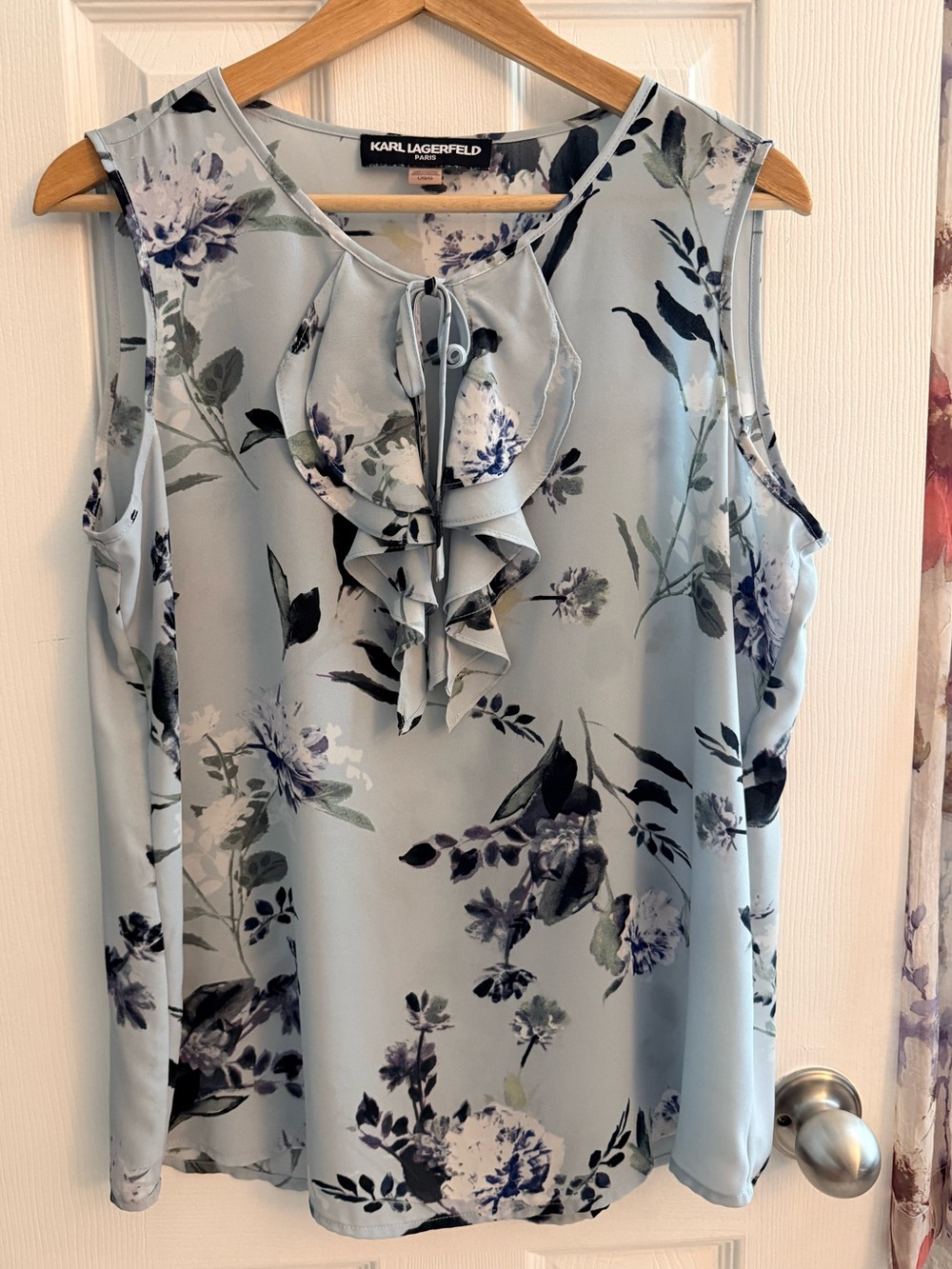 Karl Lagerfeld Pale Blue Floral Ruffle Tie Sleeveless Blouse